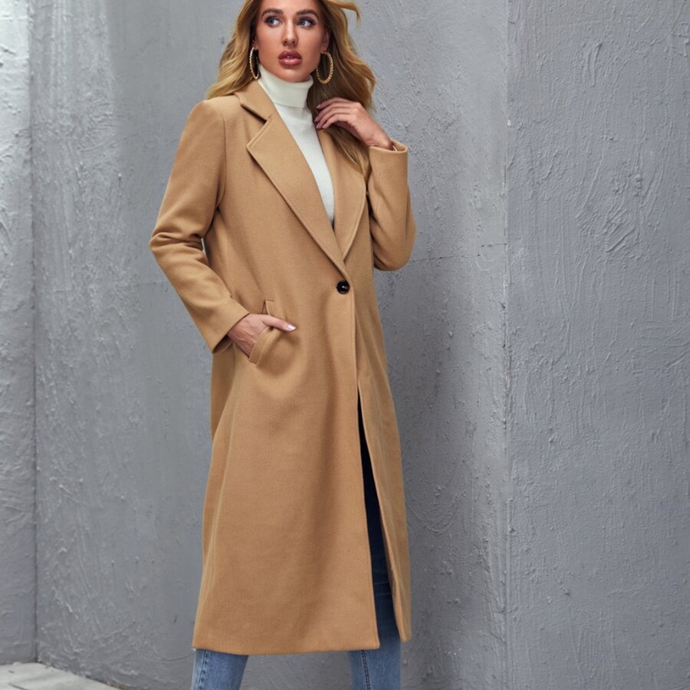 CAmel khaki wide collar coat jacket trench pockets - Picture 5 of 5